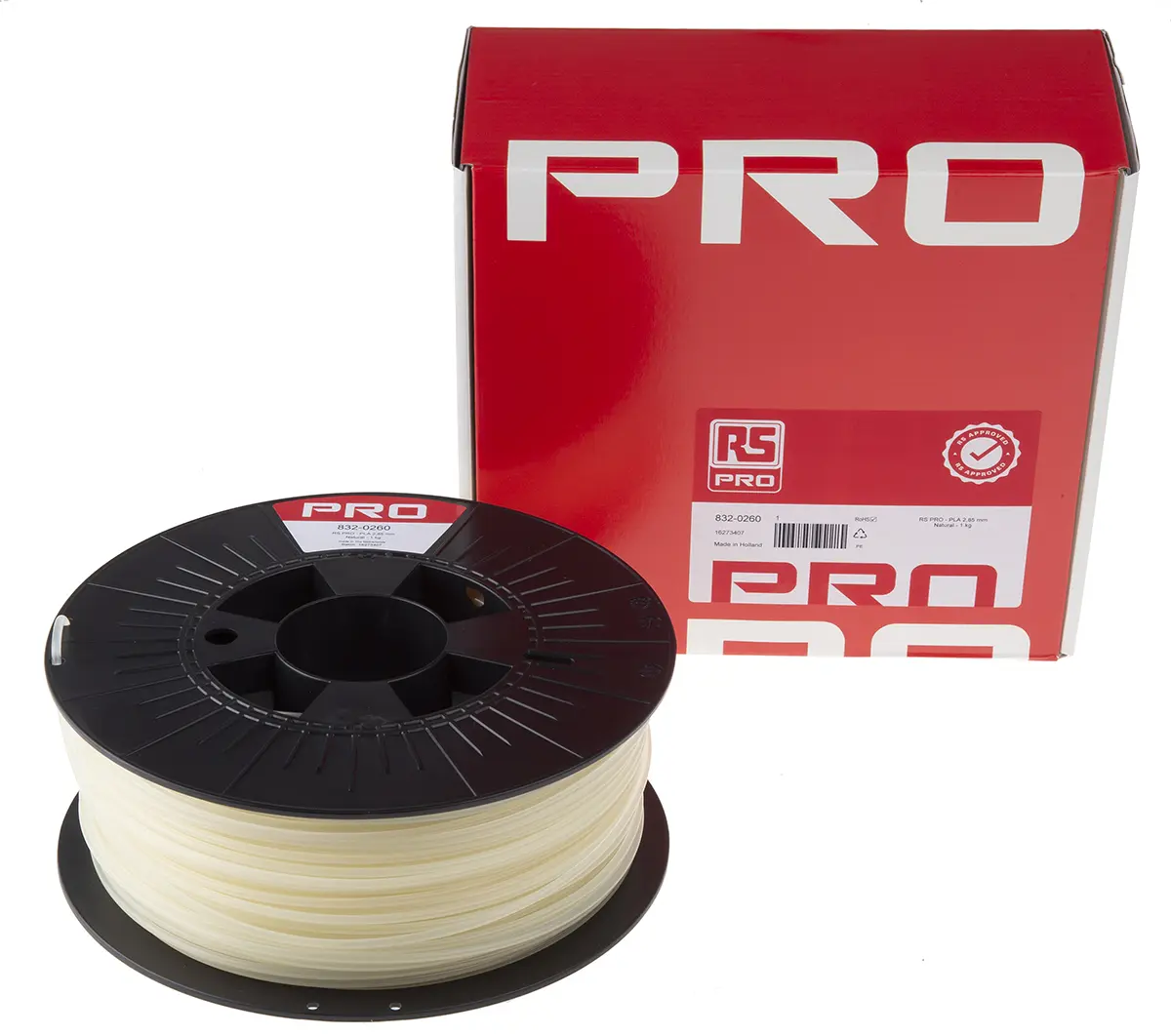 Produktfoto 1 von RS PRO Polymilchsäure 3D-Drucker Filament zur Verwendung mit Gängige Desktop-3D-Drucker, Natur, 2.85 mm, Fused