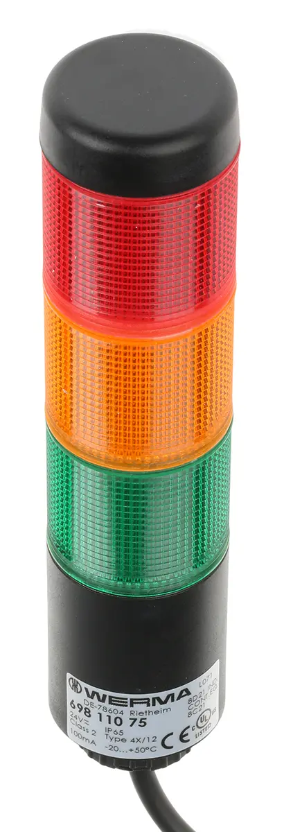 Produktfoto 1 von Werma Kompakt LED Signalturm 3-stufig Linse Rot/Grün/Gelb LED Rot/Gelb/Grün + Dauer 175mm
