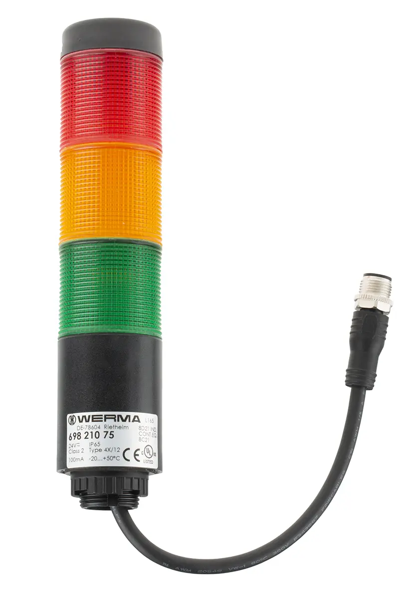 Produktfoto 1 von Werma Kompakt LED Signalturm 3-stufig Linse Rot/Grün/Gelb LED Rot/Gelb/Grün + Dauer 175mm