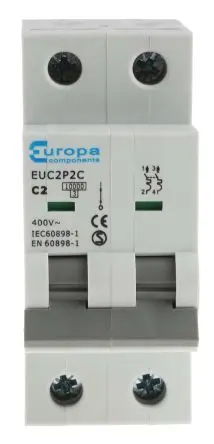 Produktfoto 1 von Europa EUC2P Miniaturüberlastschalter Typ C, Pol 2-polig 2A 400V ac, Abschaltvermögen 10 kA EUC2P