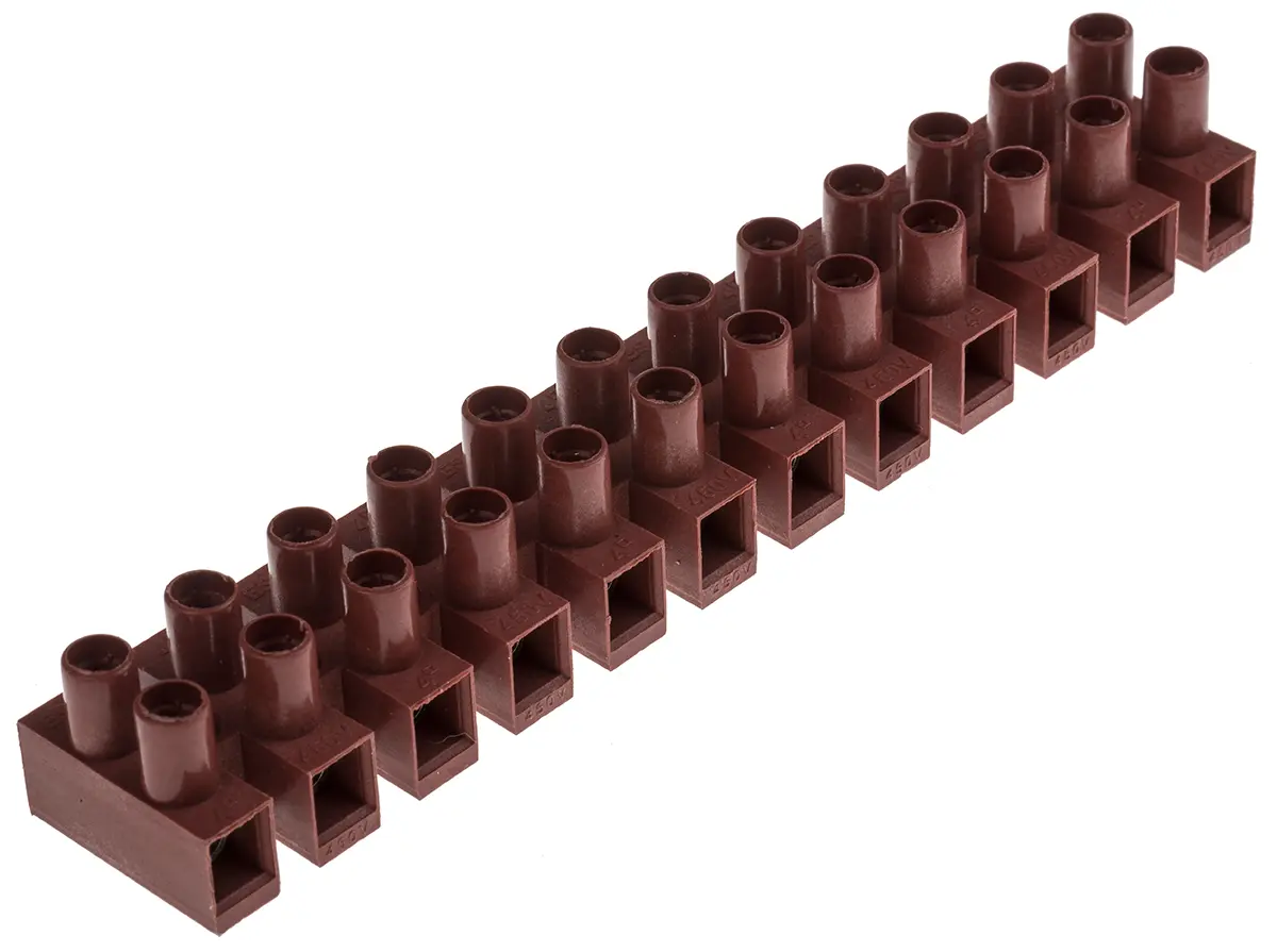 Produktfoto 1 von RS PRO ES-V Messing Polyamid Klemmblock ohne Sicherung 41A Dunkelbraun 12-polig Schraubbefestigung, Raster 13.2 mm 10AWG