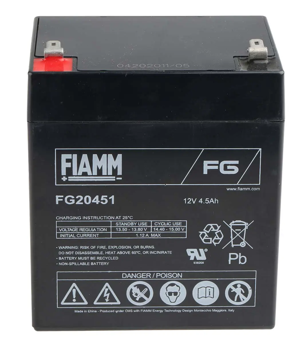 Produktfoto 1 von Fiamm Abgedichteter Bleiakku, 12V / 4.5Ah, Faston F1-Anschluss, 90 x 70 x 107mm