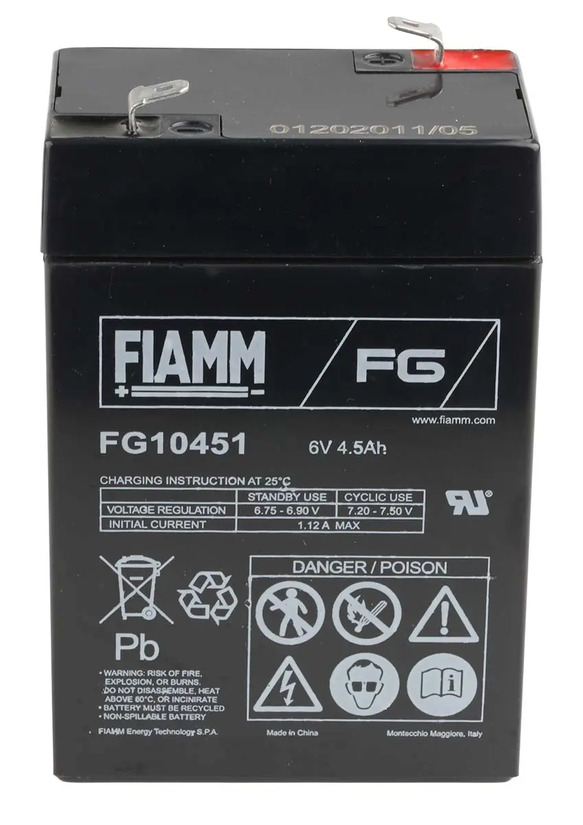 Produktfoto 1 von Fiamm Abgedichteter Bleiakku, 6V / 4.5Ah, Faston F1-Anschluss, 70 x 47 x 106mm