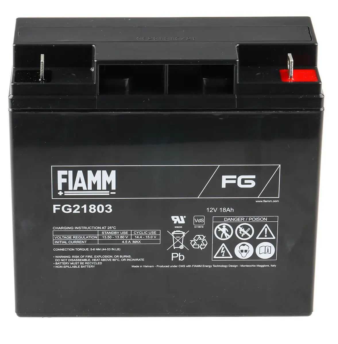 Produktfoto 1 von Fiamm Abgedichteter Bleiakku, 12V / 18Ah, M5-Anschluss, 181 x 76 x 167mm