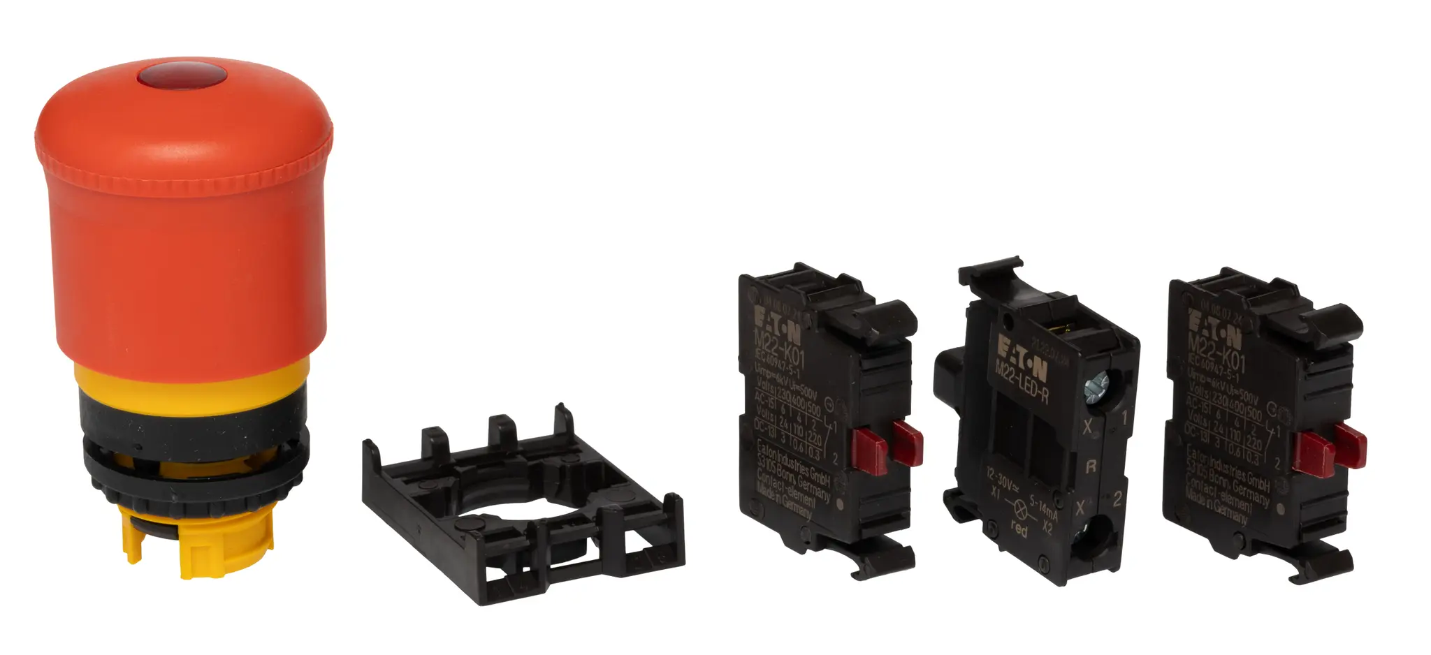 Produktfoto 1 von Eaton M22 Not-Aus-Drucktaster, Bohrung, Mitte, Ø 22 mm, 2 Öffner, Rot Beleuchtet IP40, IP69K, 101.6 mm, x 50.8 mm,