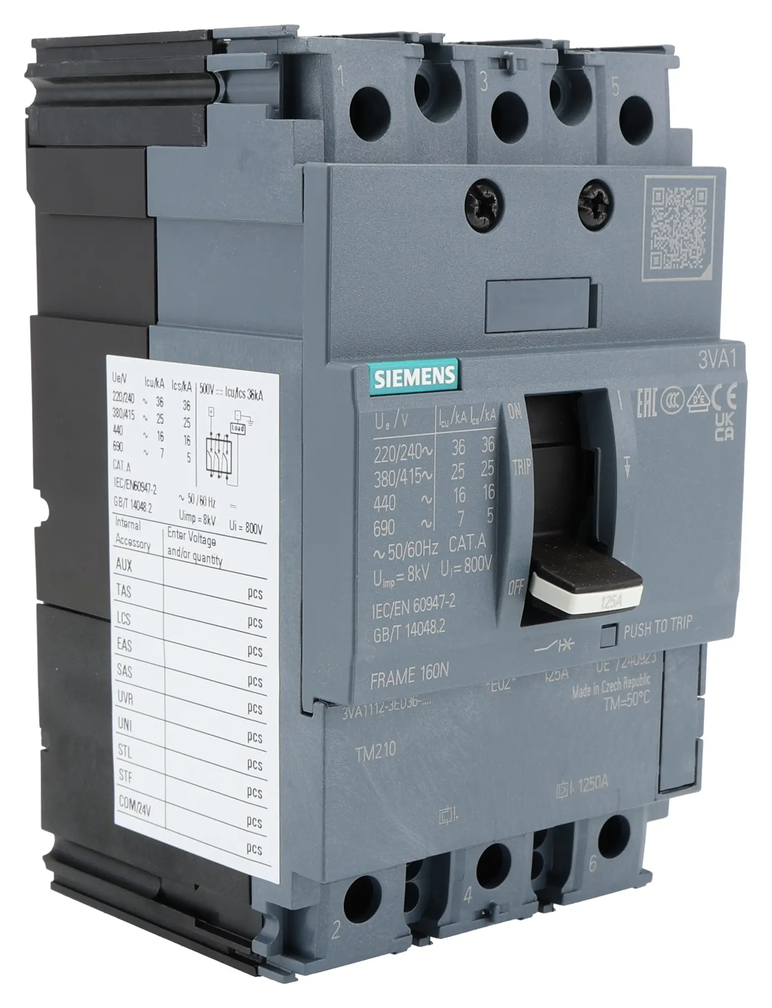 Produktfoto 1 von Siemens SENTRON SENTRON, Kompaktschutzschalter 3-polig, 125 A Feststehend / Abschaltvermögen 25 kA 690 V ac 500 V dc