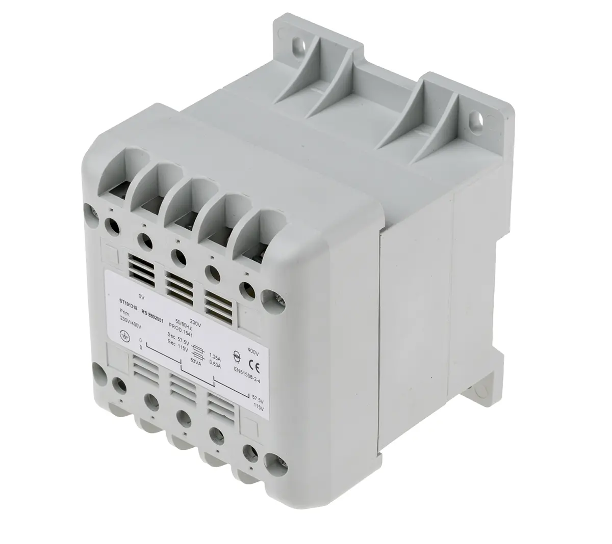 Produktfoto 1 von RS PRO DIN-Schienen-Trafo, 63VA, Primär 400V ac / Sekundär 57.5V ac DIN-Schiene, 106mm x 90mm x 87mm