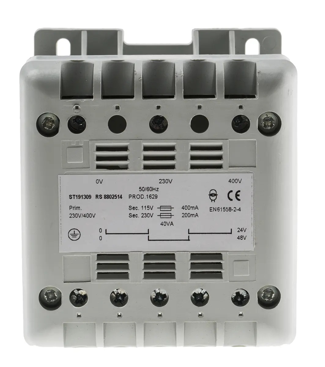 Produktfoto 1 von RS PRO DIN-Schienen-Trafo, 40VA, Primär 400V ac / Sekundär 115V ac DIN-Schiene, 106mm x 90mm x 87mm