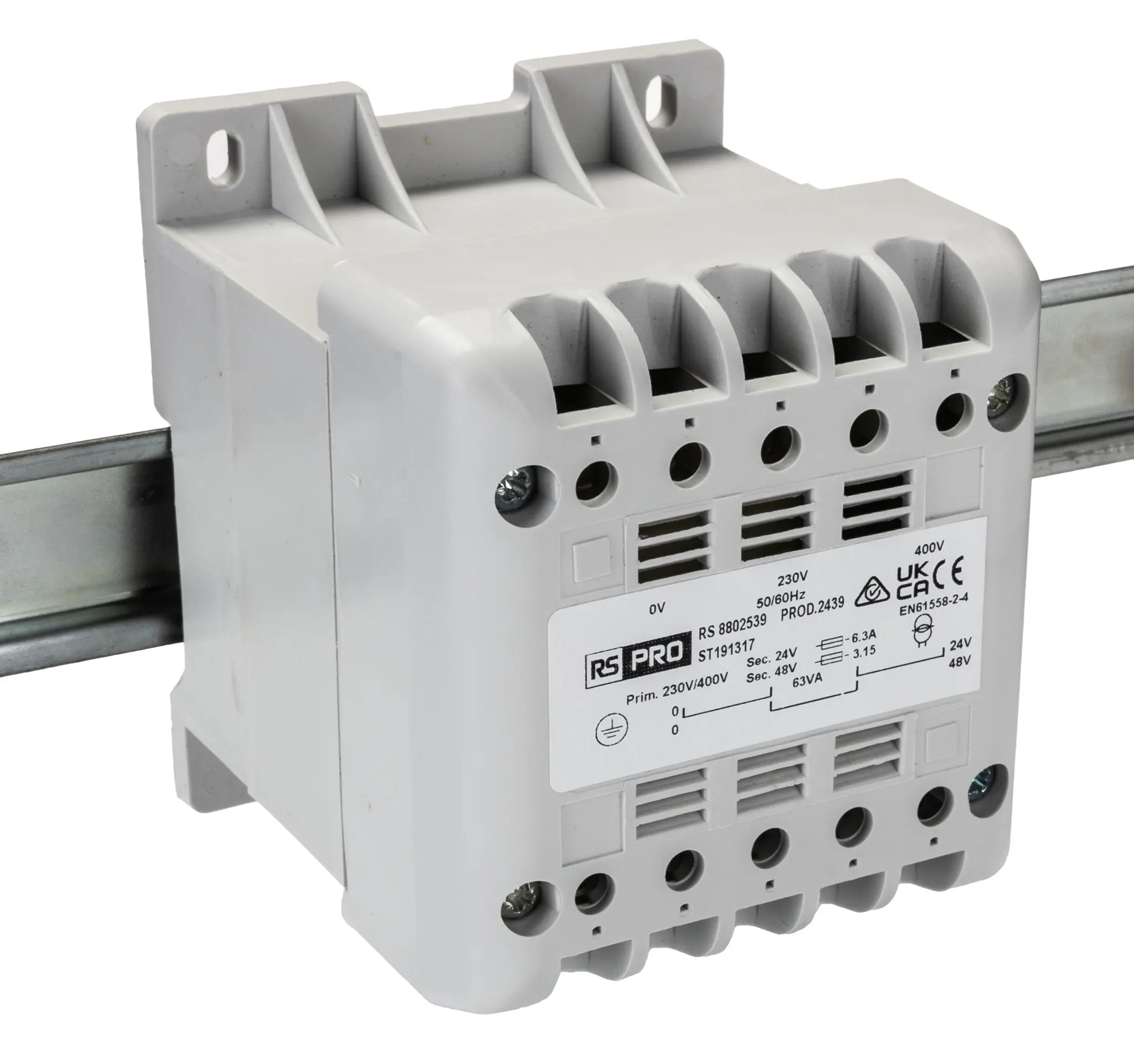 RS PRO DIN-Schienen-Trafo, 63VA, Primär 400V ac / Sekundär 24V ac DIN-Schiene, 106mm x 90mm x 87mm