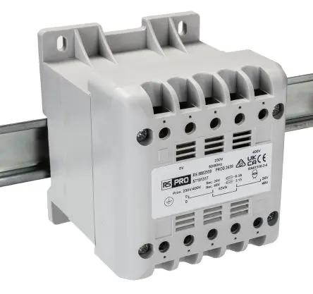 Produktfoto 1 von RS PRO 63 VA DIN-Schienen-Trafo, Primär 400 V ac / Sekundär 24 V ac DIN-Hutschiene, 106 mm x 90mm x 87 mm