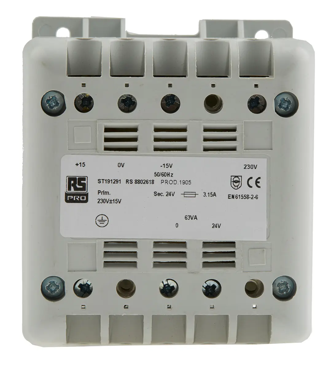 Produktfoto 1 von RS PRO DIN-Schienen-Trafo, 63VA, Primär 230V ac / Sekundär 24V ac DIN-Schiene, 106mm x 90mm x 87mm