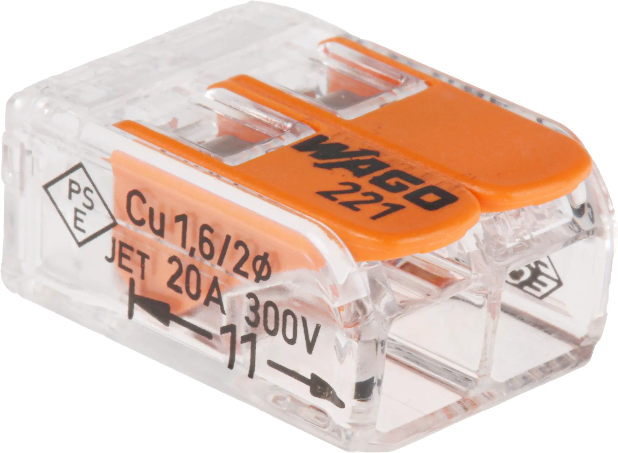 Produktfoto 1 von WAGO 221 Kupfer Polycarbonat Hebelsteckverbinder 32A transparent 2-polig Zugfederklemme 12AWG, 24 AWG