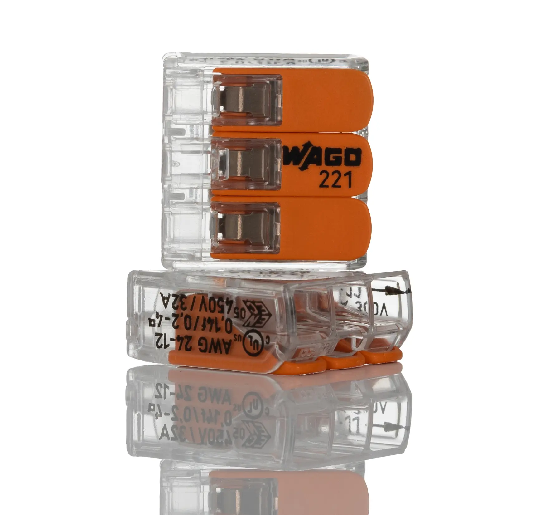 Produktfoto 1 von WAGO 221 Kupfer Polycarbonat Hebelsteckverbinder 32A transparent 3-polig ZUGFEDER 12AWG, 24 AWG