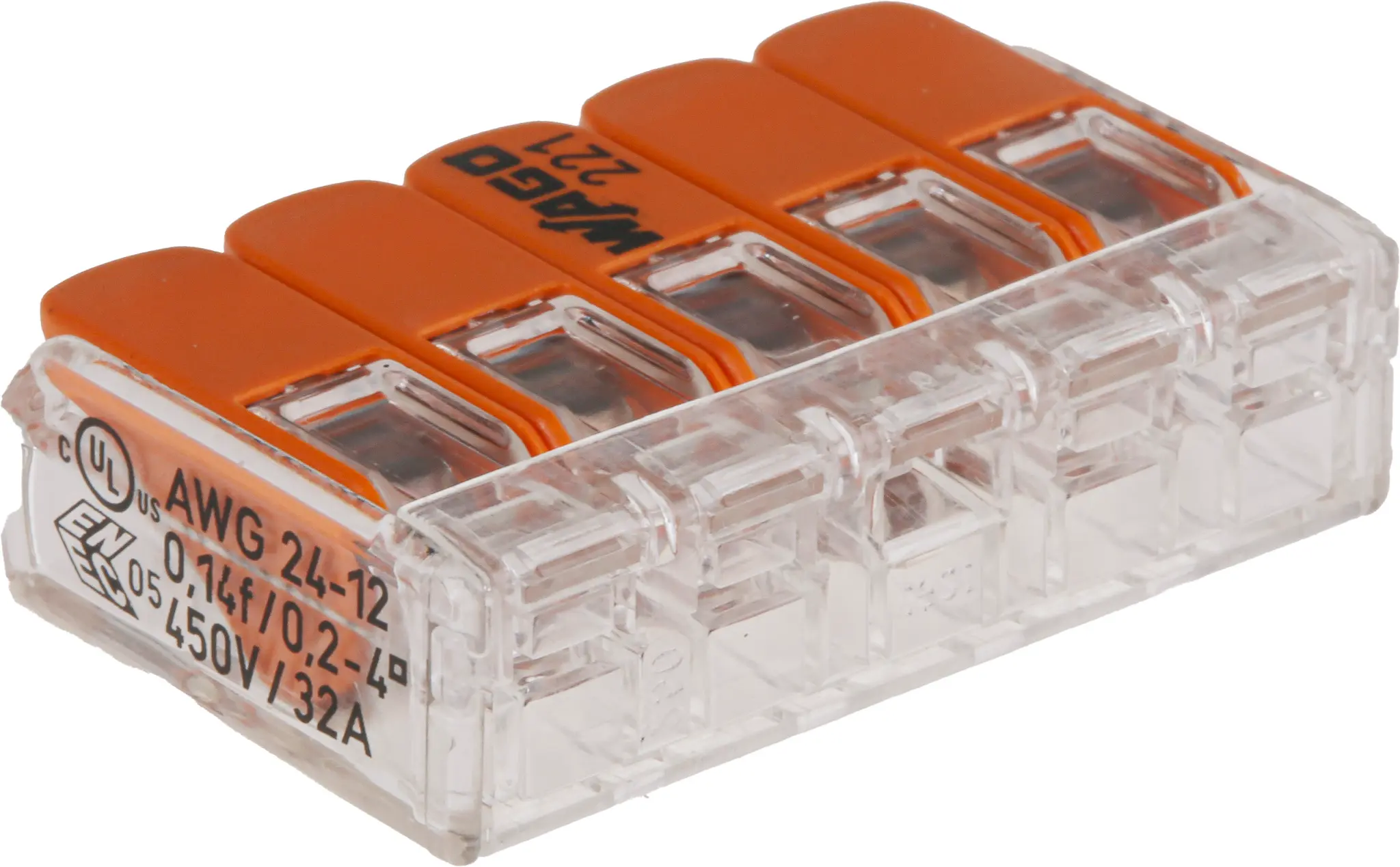 Produktfoto 1 von WAGO 221 Kupfer Polycarbonat Hebelsteckverbinder 32A transparent 5-polig Zugfederklemme 12AWG, 24 AWG