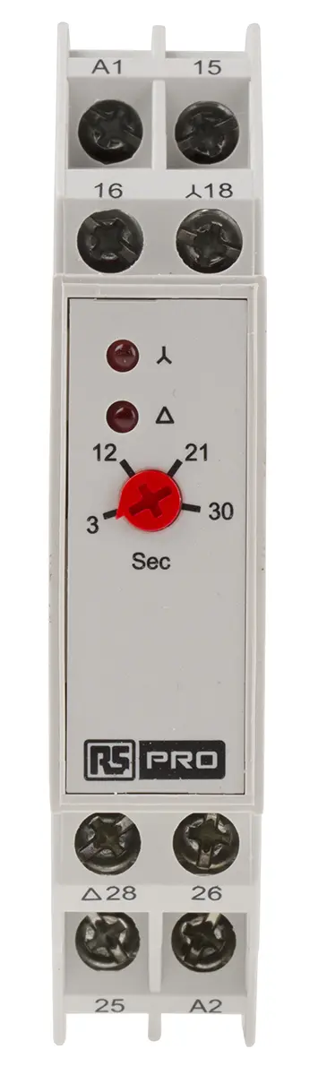 Produktfoto 1 von RS PRO Zeitrelais, DIN-Schienen, 3 → 120s, 240 → 415V ac, 2 Kont. Einfach, 2 x SPNO