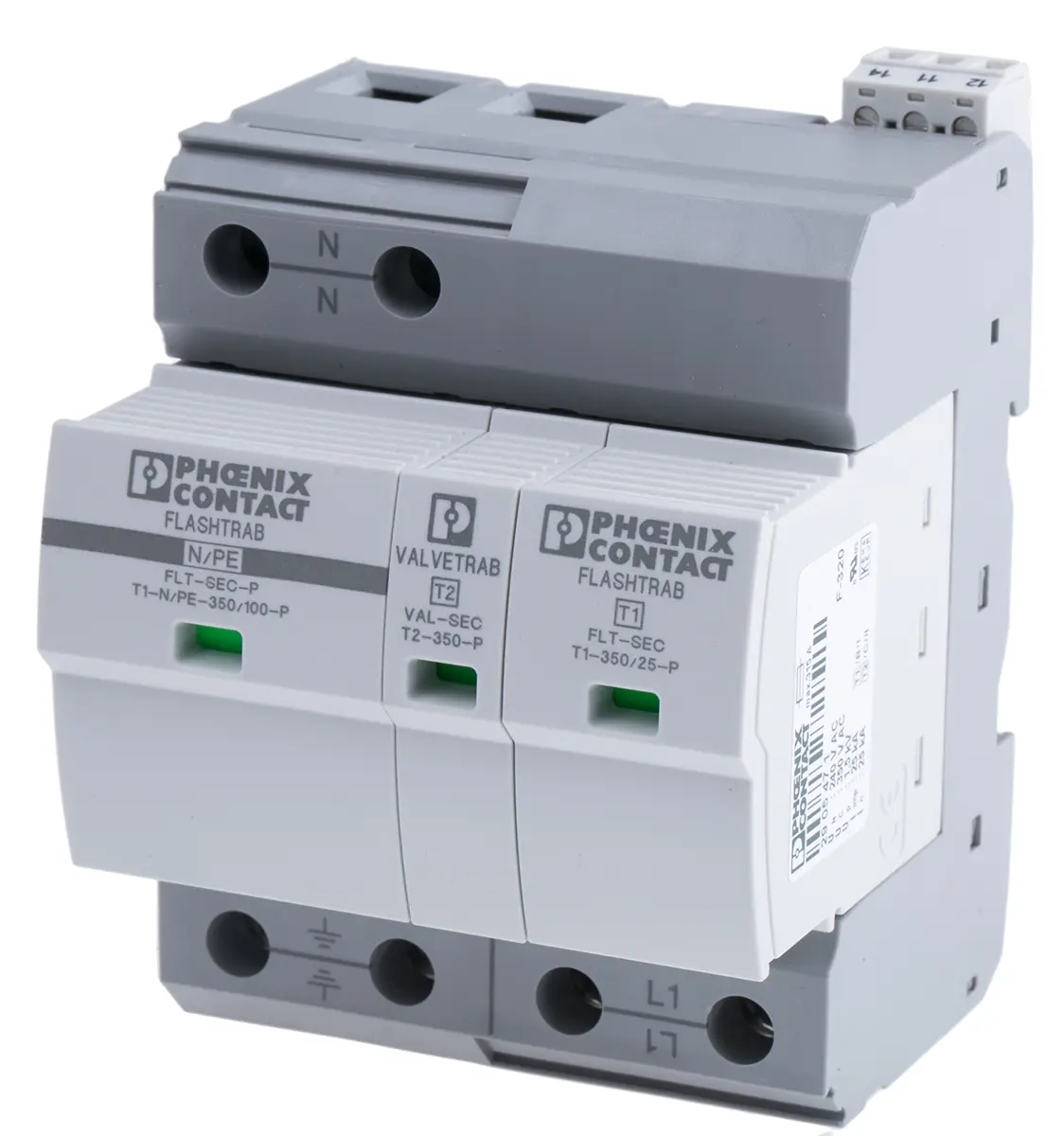 Produktfoto 1 von Phoenix Contact, Überspannungsschutz, 1-phasig, 1.8 kV DIN-Hutschiene FLT-SEC-T1+T2-1S-350/25-FM