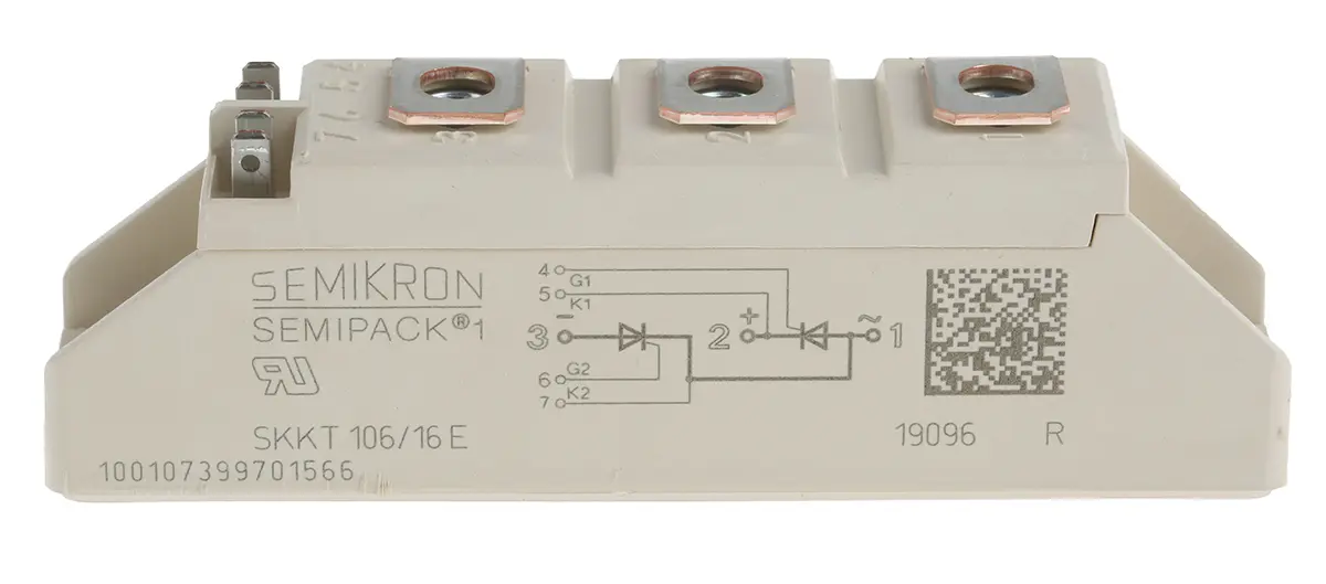 Produktfoto 1 von Semikron Danfoss SCR Zweifachthyristormodul 106 A A-46 1600 V, Gate-Trigger 150 mA 2.25 kA 1.65 V