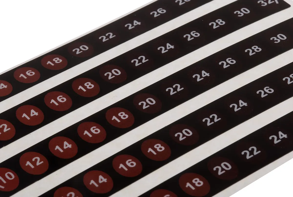 Produktfoto 1 von RS PRO Temperaturanzeige Aufkleber 10 °C / 32 °C 12 Messbereiche 10 Stk. Horizontal, L. 10 mm, B. 90 mm Reversibel