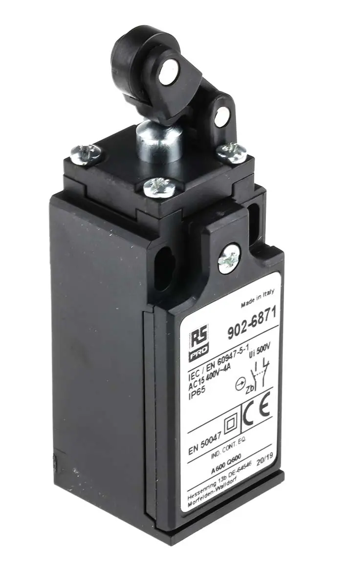Produktfoto 1 von RS PRO Endschalter, Rollenhebel, DPST, Schließer/Öffner, IP 65, Glasfaserverstärkter Thermoplast, 10A Anschluss Kabel