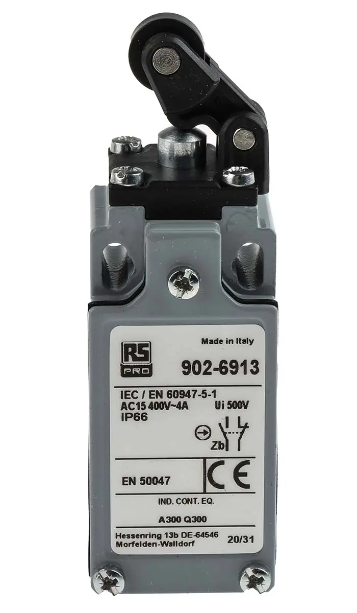 Produktfoto 1 von RS PRO Endschalter, Rollenhebel, DPST, Schließer/Öffner, IP 66, Zinklegierung, 10A Anschluss Kabel