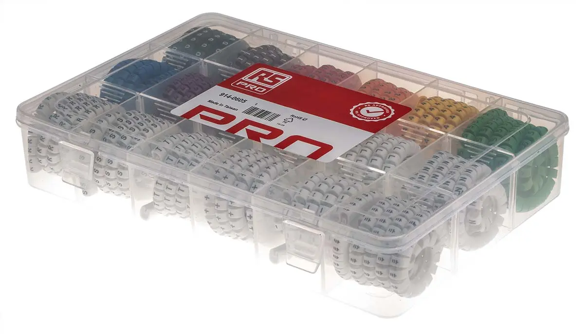 Produktfoto 1 von RS PRO EP Kabelmarkierer Set Aufschiebbar, Beschriftung: -, 0 bis 9, +, glatt, N, L, Erde, T, S, R, Ø 3.5 mm - 8 mm