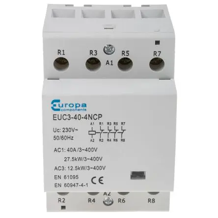 Produktfoto 1 von Europa EUC Schütz 230V ac-Spule, 4-polig, 400V ac / 40 A 230V ac 12.5 kW 4 Öffner Motorsteuerung 4-Hilfskontakte