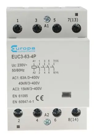 Produktfoto 1 von Europa EUC Schütz 230V ac-Spule, 4-polig, 400V ac / 63 A 230V ac 40 kW 4 Schließer Motorsteuerung 4-Hilfskontakte