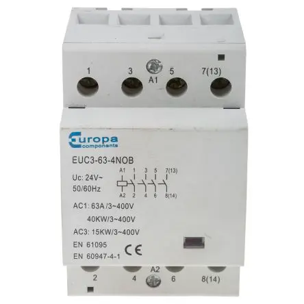 Produktfoto 1 von Europa EUC Schütz 24V ac-Spule, 4-polig, 400V ac / 63 A 24V ac 40 kW 4 Schließer Motorsteuerung 4-Hilfskontakte