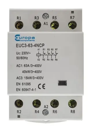 Produktfoto 1 von Europa EUC Schütz 230V ac-Spule, 4-polig, 400V ac / 63 A 230V ac 40 kW 4 Öffner Motorsteuerung 4-Hilfskontakte