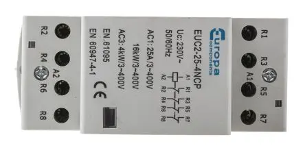 Produktfoto 1 von Europa EUC Schütz 230V ac-Spule, 4-polig, 400V ac / 25 A 230V ac 4 kW 4 Öffner Motorsteuerung 4-Hilfskontakte