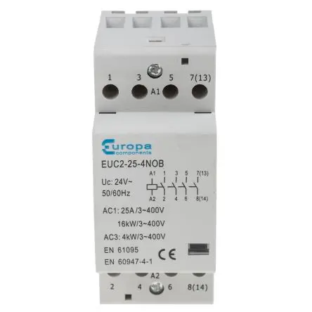 Produktfoto 1 von Europa EUC Schütz 24V ac-Spule, 4-polig, 400V ac / 25 A 24V ac 4 kW 4 Schließer Motorsteuerung 4-Hilfskontakte