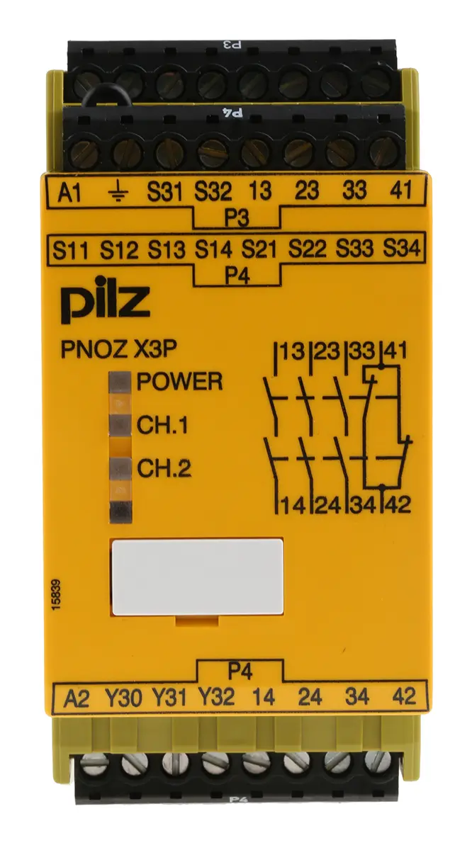Produktfoto 1 von Pilz PNOZ X3P Sicherheitsrelais, 24 → 240V ac/dc, 2-Kanal, 3 Sicherheitskontakte Not-Aus, 1 Hilfsschalter, 4 ISO