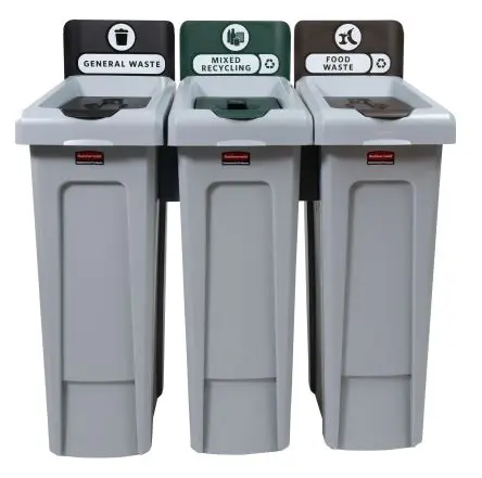 Produktfoto 1 von Rubbermaid Commercial Products Slim Jim Recycling Station Bundle 3-Stream Polyethylen Mülleimer 261L Grau mit Scharnier