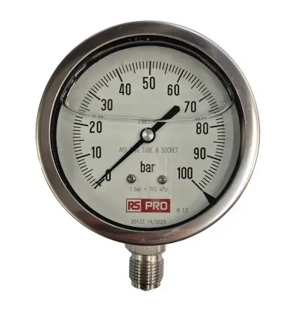 RS PRO 1/2 Zoll BSP RS 1.18.3 Manometer 100 mm 0 bar → 100 bar Edelstahl Gehäuse BSP 1/2 in