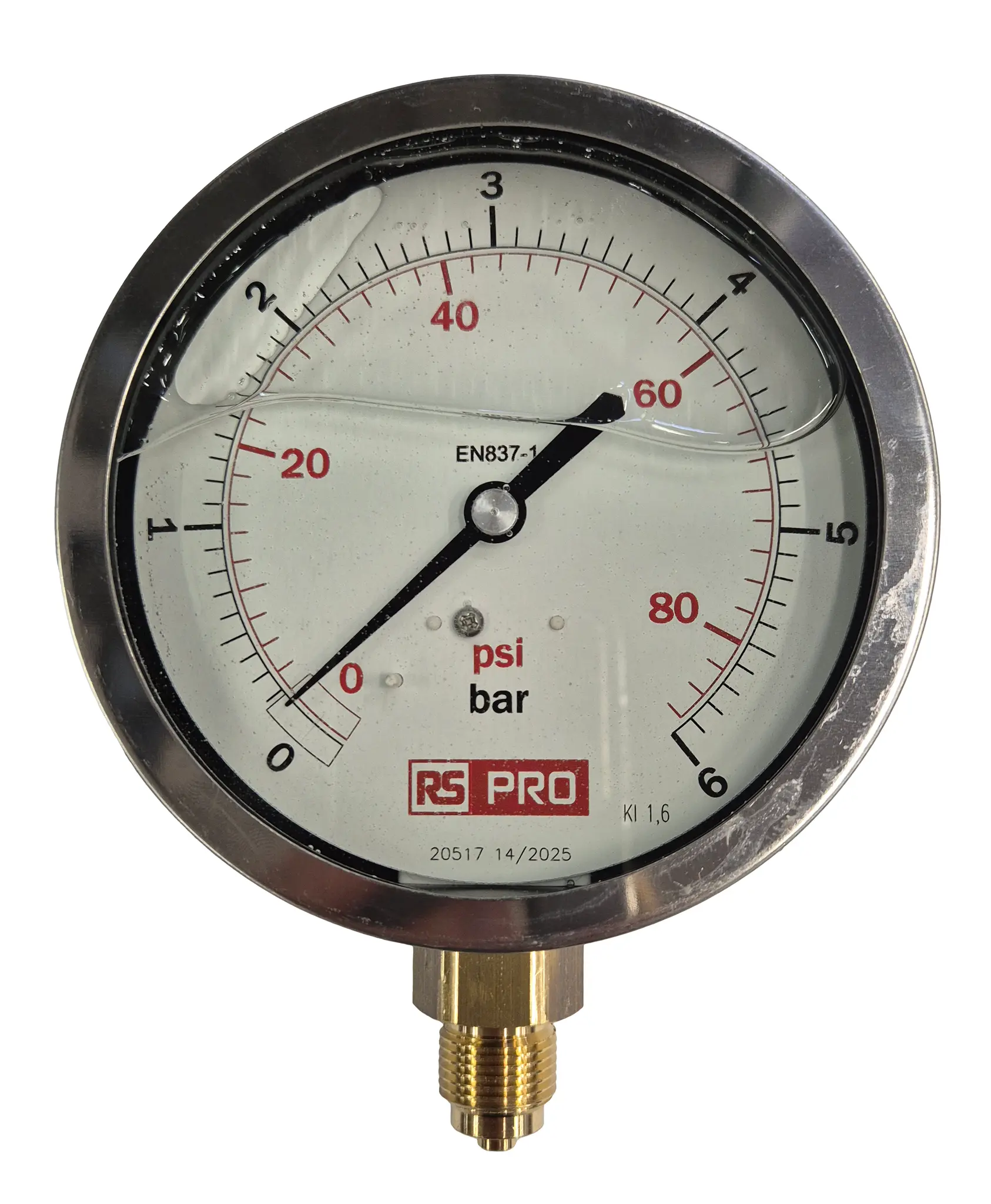 Produktfoto 1 von RS PRO Druckmessgerät Prozessanschluss unten Analog 0bar → 6bar, Ø 100mm Edelstahl Gehäuse BSP3/8