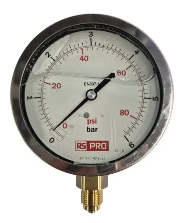 RS PRO 3/8 Zoll BSP RS 1.04.3 Manometer 100 mm 0 bar → 6 bar Edelstahl Gehäuse BSP 3/8 in