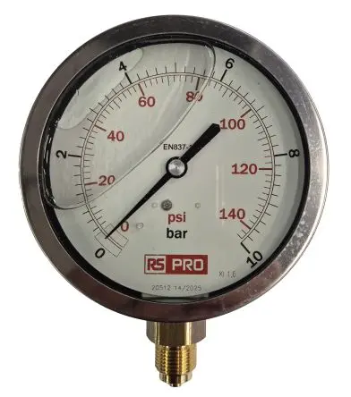 Produktfoto 1 von RS PRO 3/8 Zoll BSP RS 1.04.3 Manometer 100 mm 0 bar → 10 bar Edelstahl Gehäuse BSP 3/8 in
