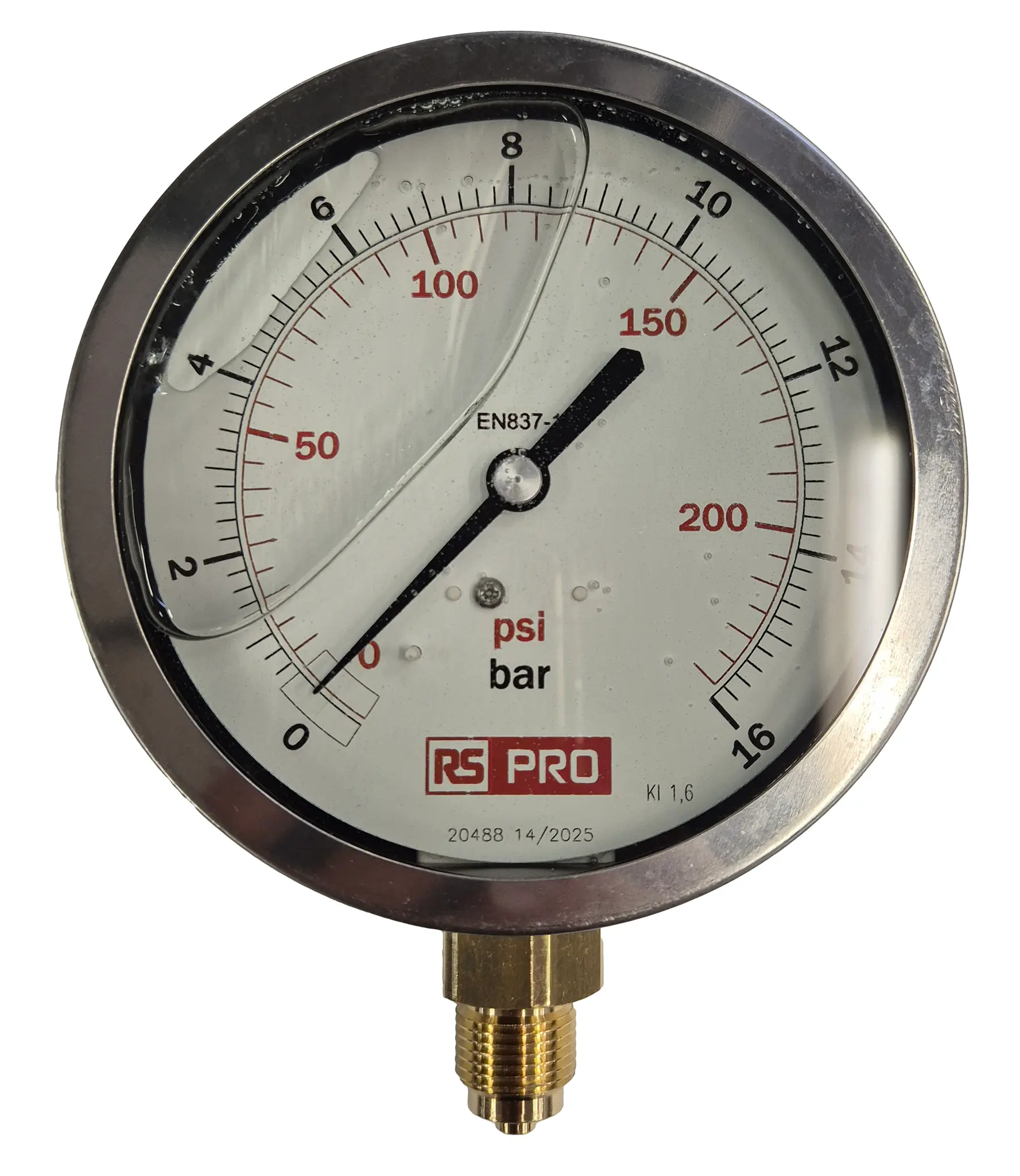 Produktfoto 1 von RS PRO Druckmessgerät Prozessanschluss unten Analog 0bar → 16bar, Ø 100mm Edelstahl Gehäuse BSP3/8