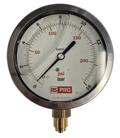 Produktfoto 1 von RS PRO 3/8 Zoll BSP RS 1.04.3 Manometer 100 mm 0 bar → 16 bar Edelstahl Gehäuse BSP 3/8 in