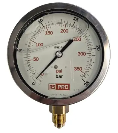 Produktfoto 1 von RS PRO 3/8 Zoll BSP RS 1.04.3 Manometer 100 mm 0 bar → 25 bar Edelstahl Gehäuse BSP 3/8 in