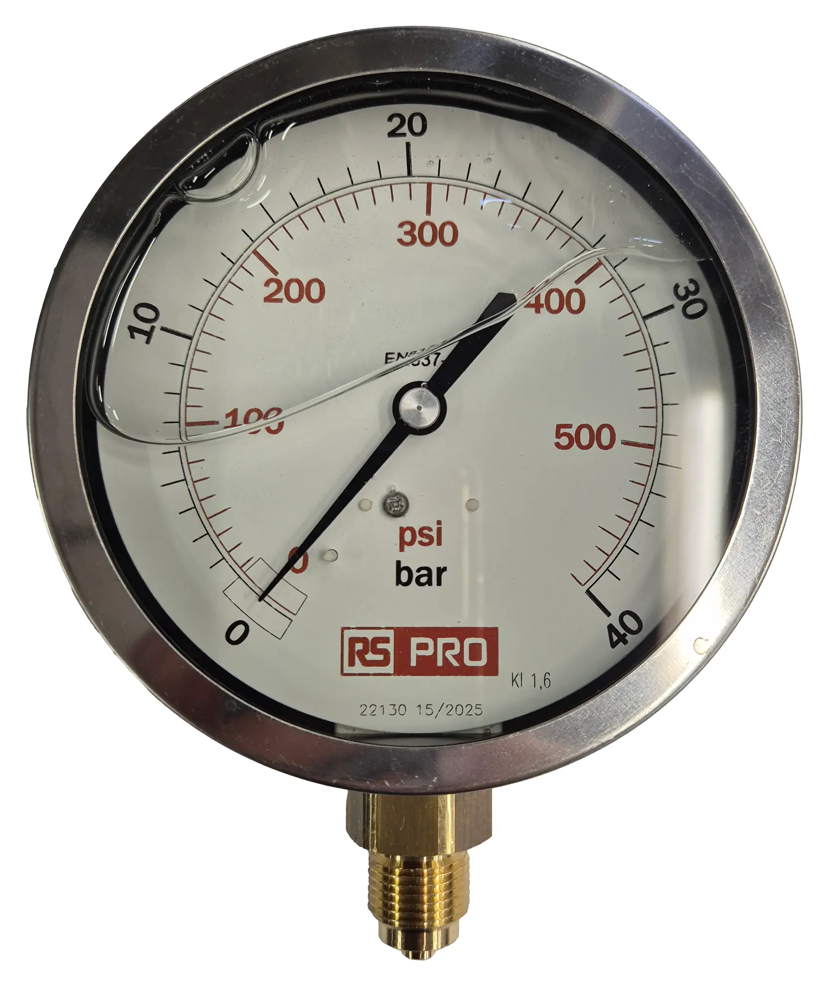 Produktfoto 1 von RS PRO Druckmessgerät Prozessanschluss unten Analog 0bar → 40bar, Ø 100mm Edelstahl Gehäuse BSP3/8