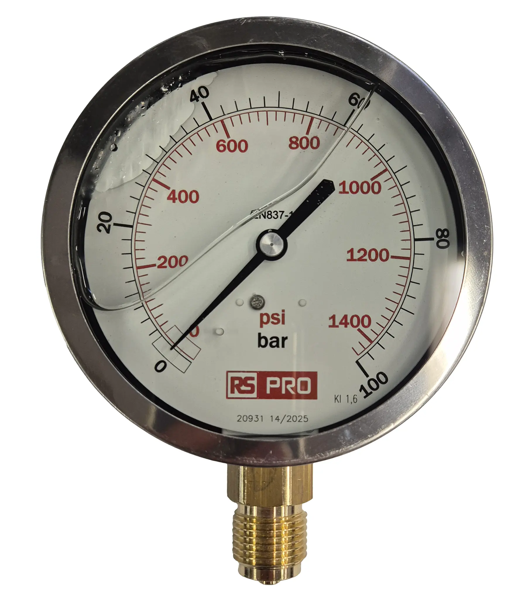 Produktfoto 1 von RS PRO Druckmessgerät Prozessanschluss unten Analog 0bar → 100bar, Ø 100mm Edelstahl Gehäuse BSP 1/2Zoll