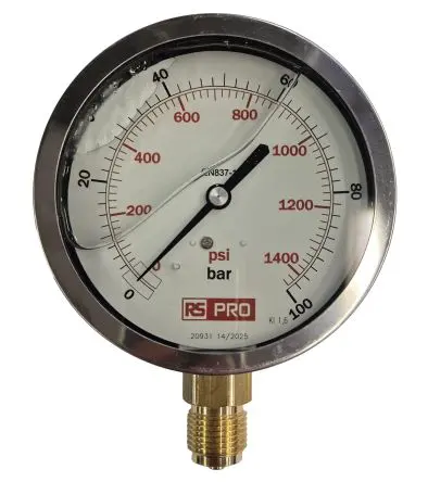 Produktfoto 1 von RS PRO 1/2 Zoll BSP RS 1.04.3 Manometer 100 mm 0 bar → 100 bar Edelstahl Gehäuse BSP 1/2 in