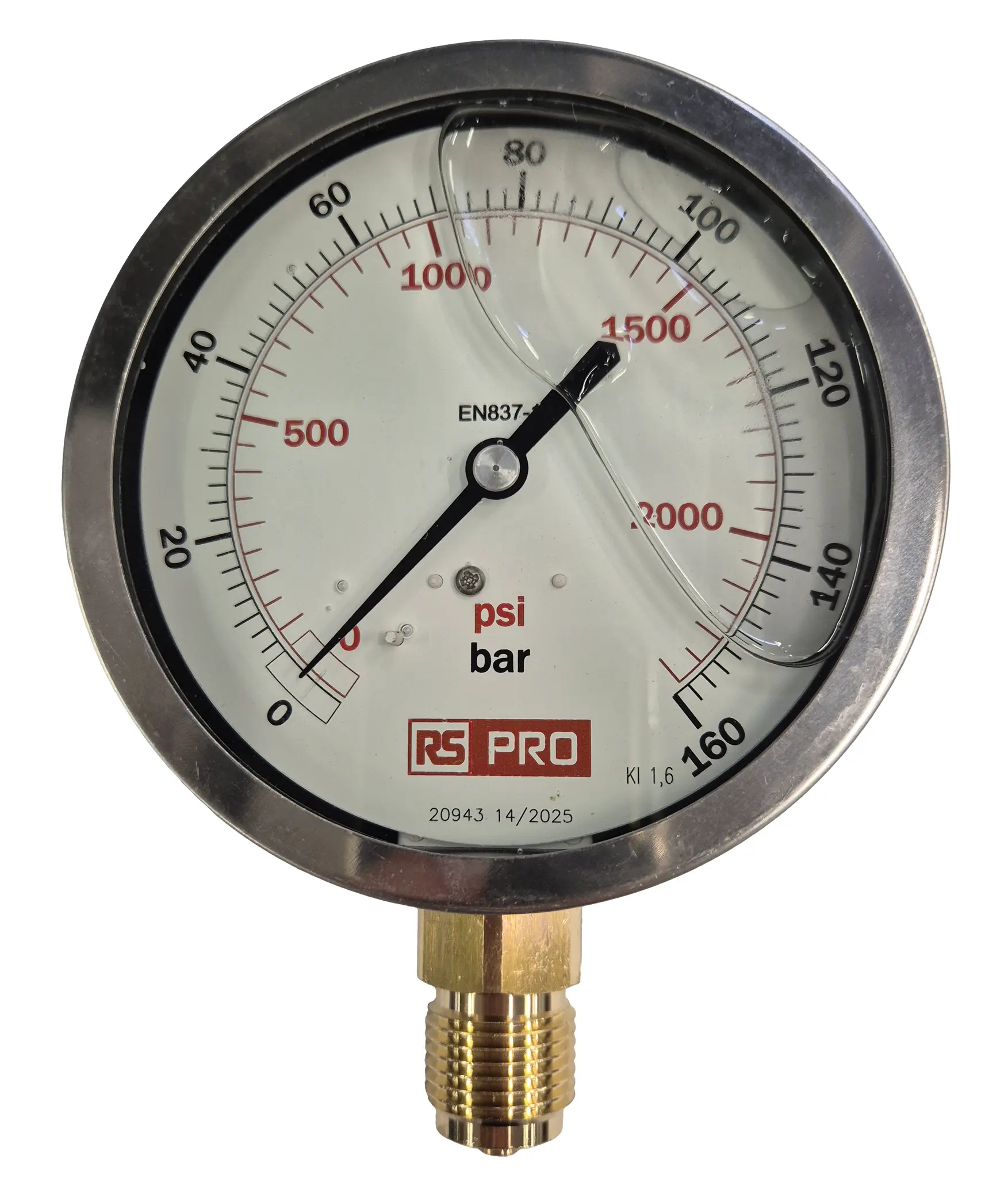 Produktfoto 1 von RS PRO Druckmessgerät Prozessanschluss unten Analog 0bar → 160bar, Ø 100mm Edelstahl Gehäuse BSP 1/2Zoll