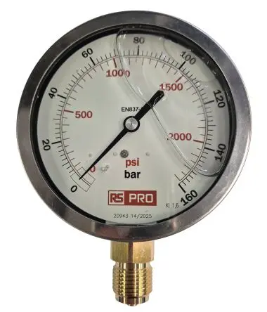Produktfoto 1 von RS PRO 1/2 Zoll BSP RS 1.04.3 Manometer 100 mm 0 bar → 160 bar Edelstahl Gehäuse BSP 1/2 in
