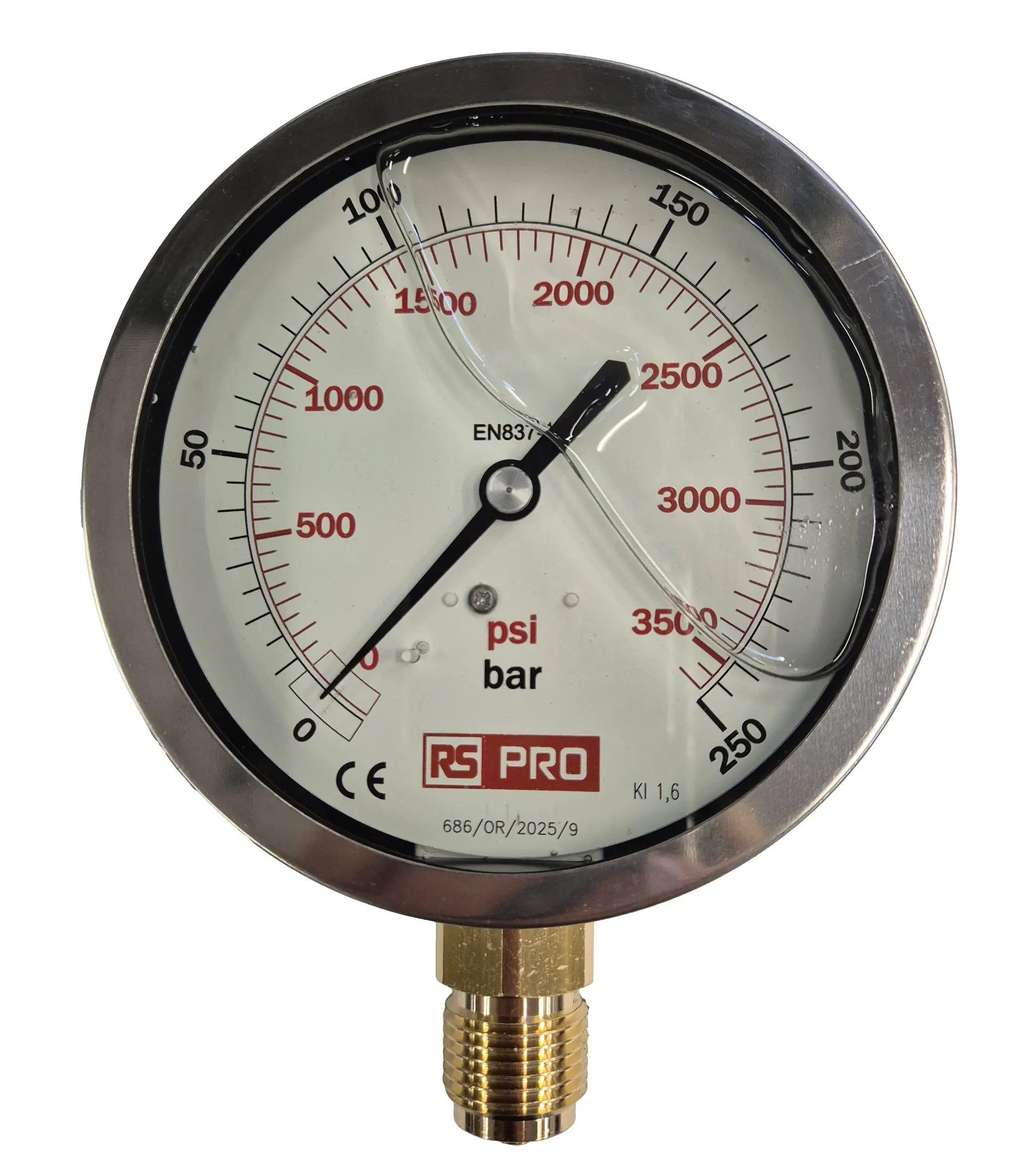 Produktfoto 1 von RS PRO Druckmessgerät Prozessanschluss unten Analog 0bar → 250bar, Ø 100mm Edelstahl Gehäuse BSP 1/2Zoll