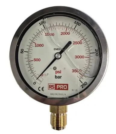 Produktfoto 1 von RS PRO 1/2 Zoll BSP RS 1.04.3 Manometer 100 mm 0 bar → 250 bar Edelstahl Gehäuse BSP 1/2 in