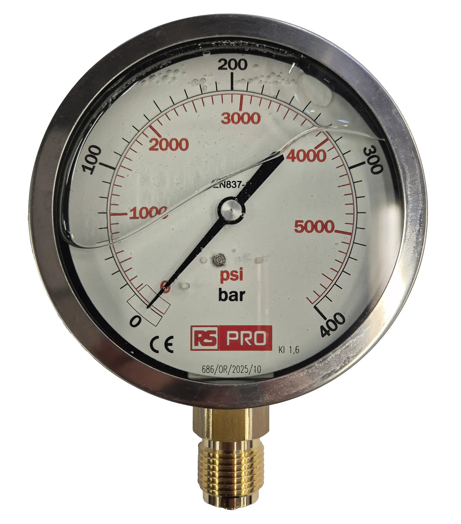 Produktfoto 1 von RS PRO Druckmessgerät Prozessanschluss unten Analog 0bar → 400bar, Ø 100mm Edelstahl Gehäuse BSP 1/2Zoll