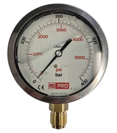 Produktfoto 1 von RS PRO 1/2 Zoll BSP RS 1.04.3 Manometer 100 mm 0 bar → 400 bar Edelstahl Gehäuse BSP 1/2 in