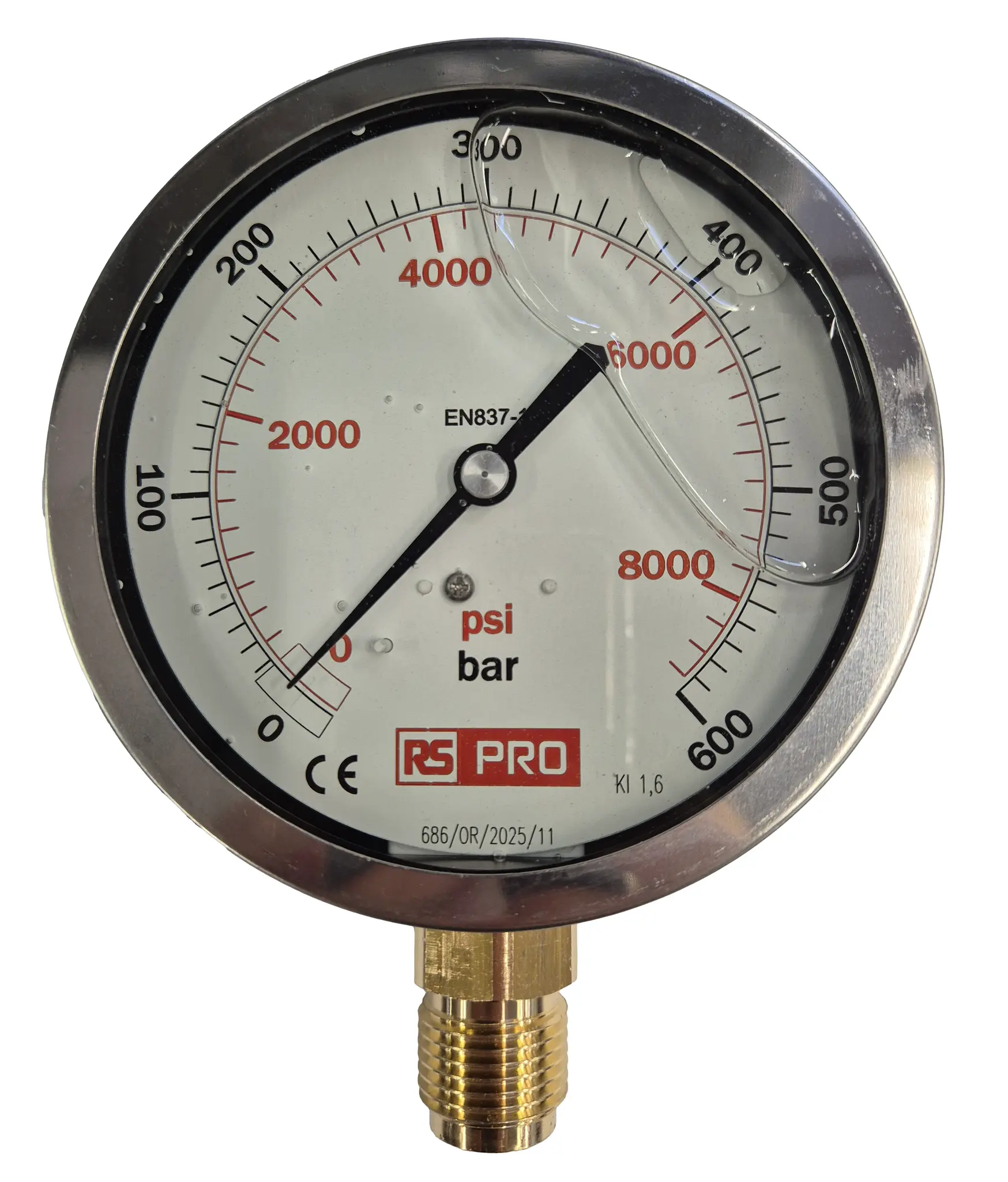 Produktfoto 1 von RS PRO Druckmessgerät Prozessanschluss unten Analog 0bar → 600bar, Ø 100mm Edelstahl Gehäuse BSP 1/2Zoll